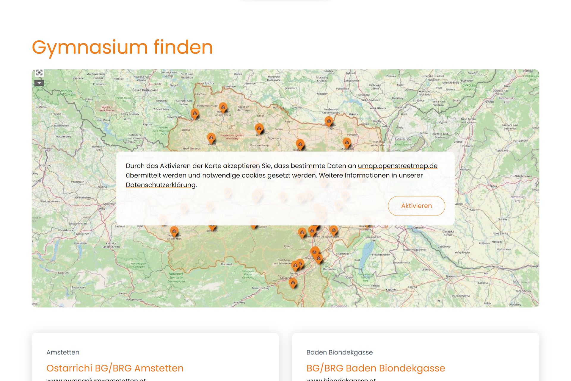 Screenshot of the 'Gymnasium finden' page of the gymnasien-in-noe.at website showing an interactive map