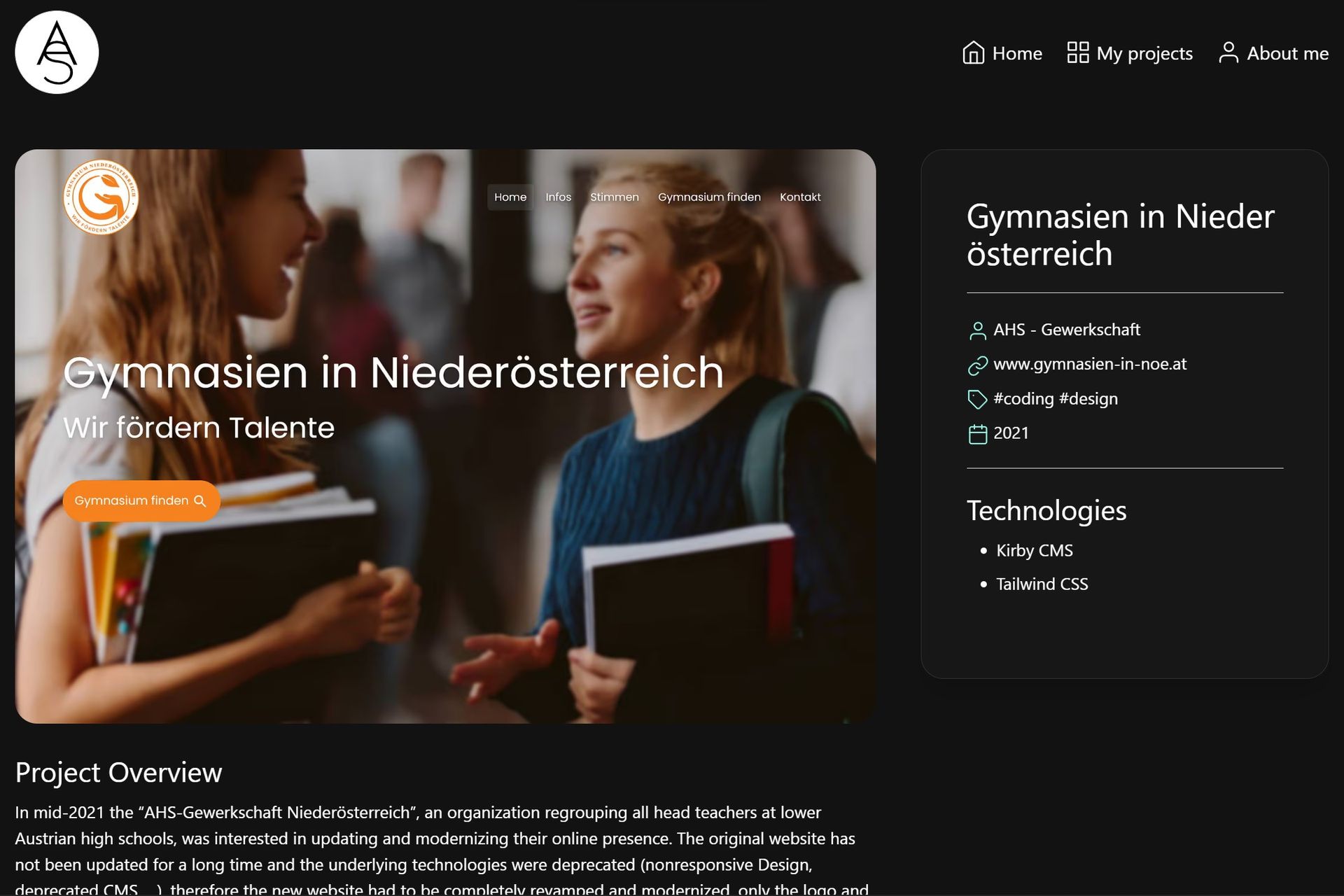 Screenshot of a project page of the alexisschaffer.me website, dark theme